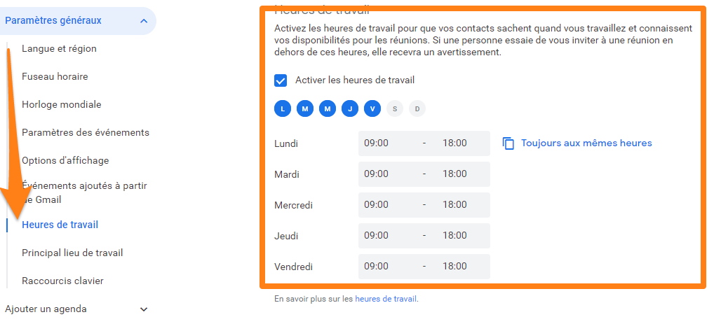 G suite définir les horaires de travail